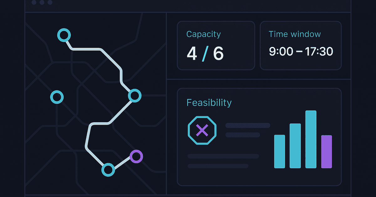 Routing optimization dashboard with mapped stops, feasibility metrics, and route planning signals.