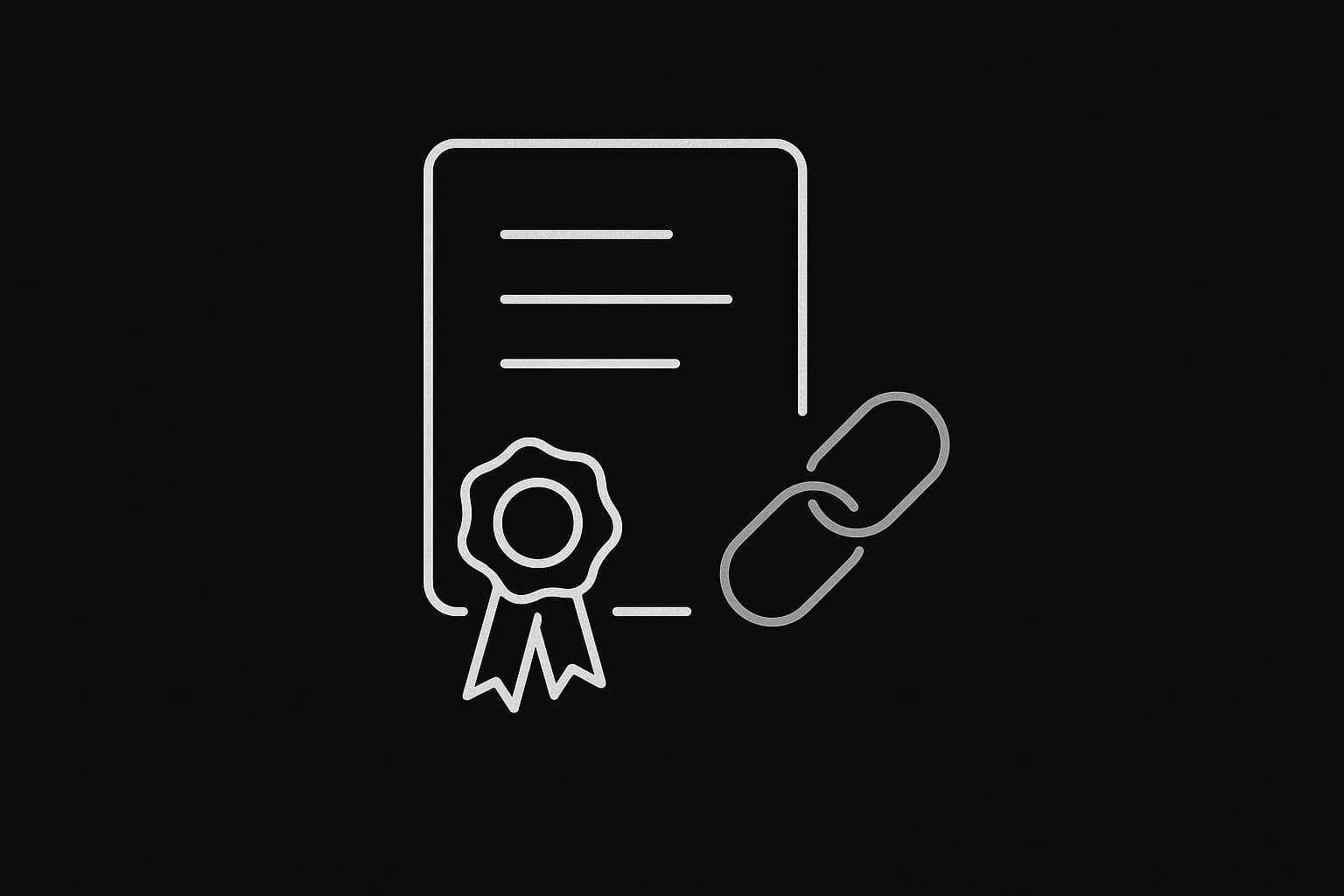 Black and white illustration of a signed report with seal and verify link chain.