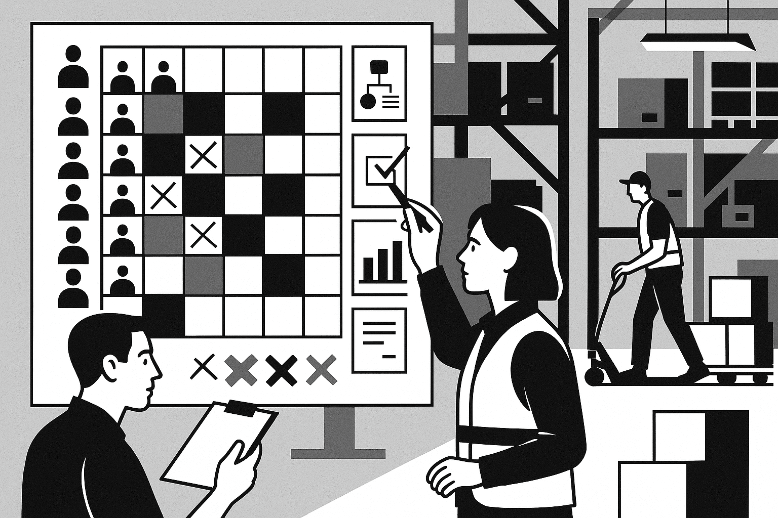 Black and white allocation illustration showing staffing grids and operational planning overlays.