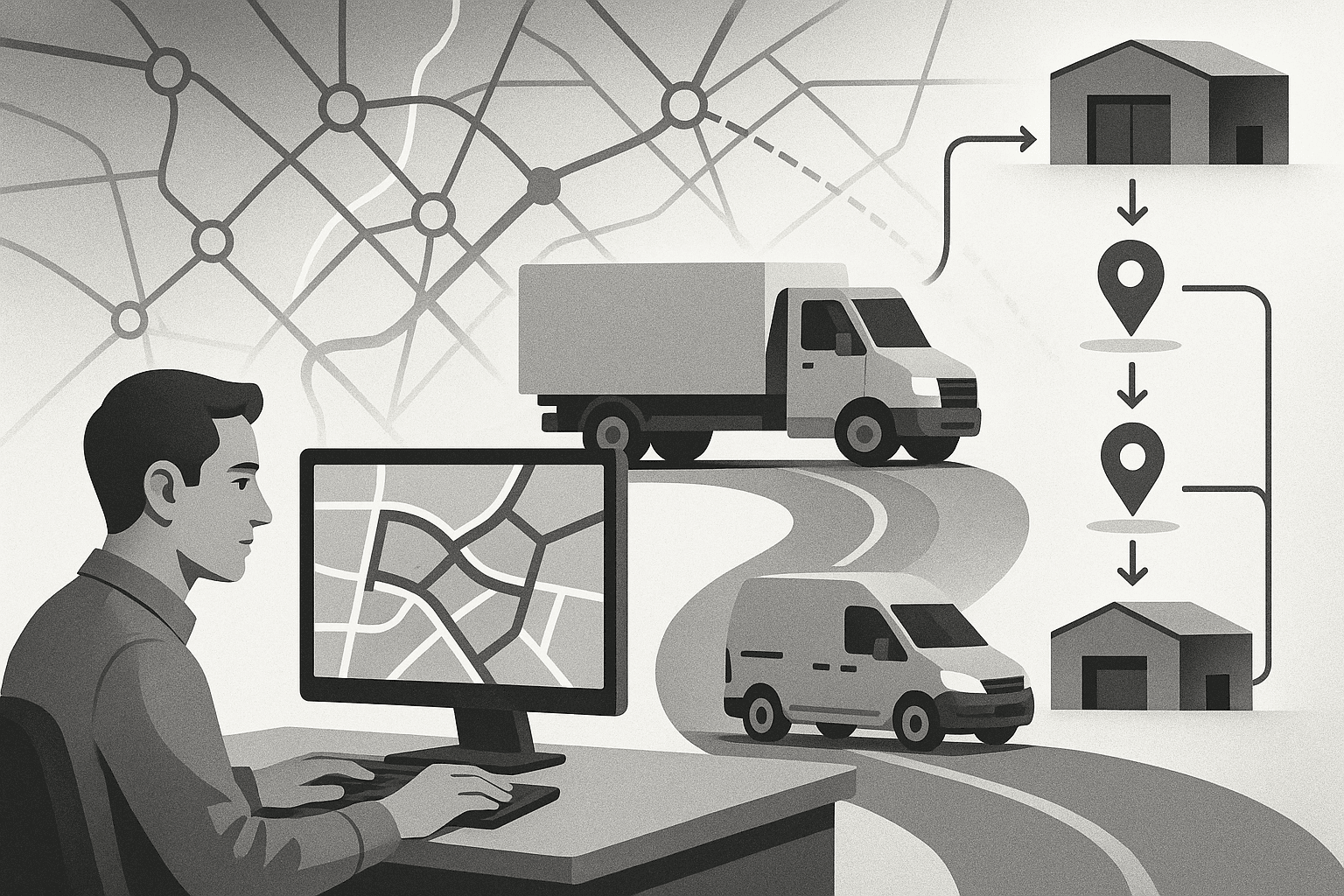 Black and white routing illustration showing dispatching, route maps, and network overlays.