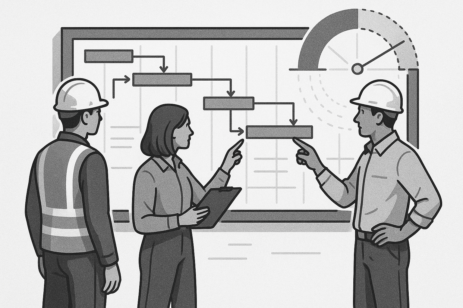 Black and white scheduling illustration showing crews, planning boards, and task sequencing.
