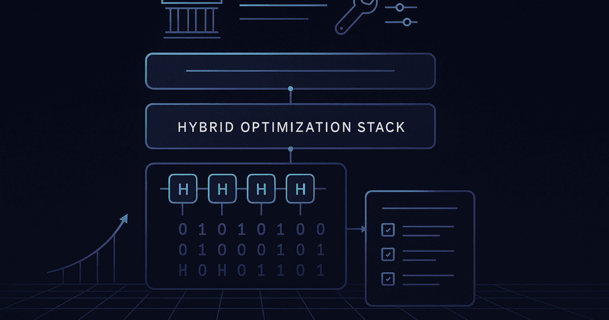 Hybrid optimization illustration connecting planning inputs to solver infrastructure and ranked outputs.