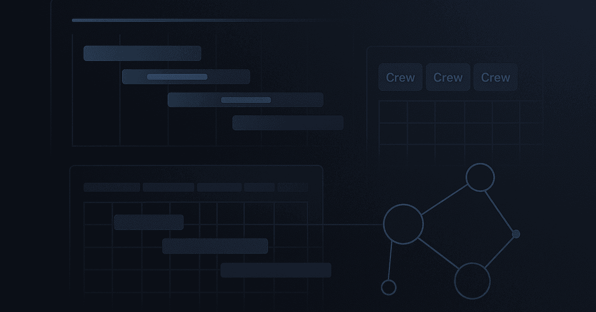 Scheduling systems illustration with construction timelines, crew planning, and dependency graphs.