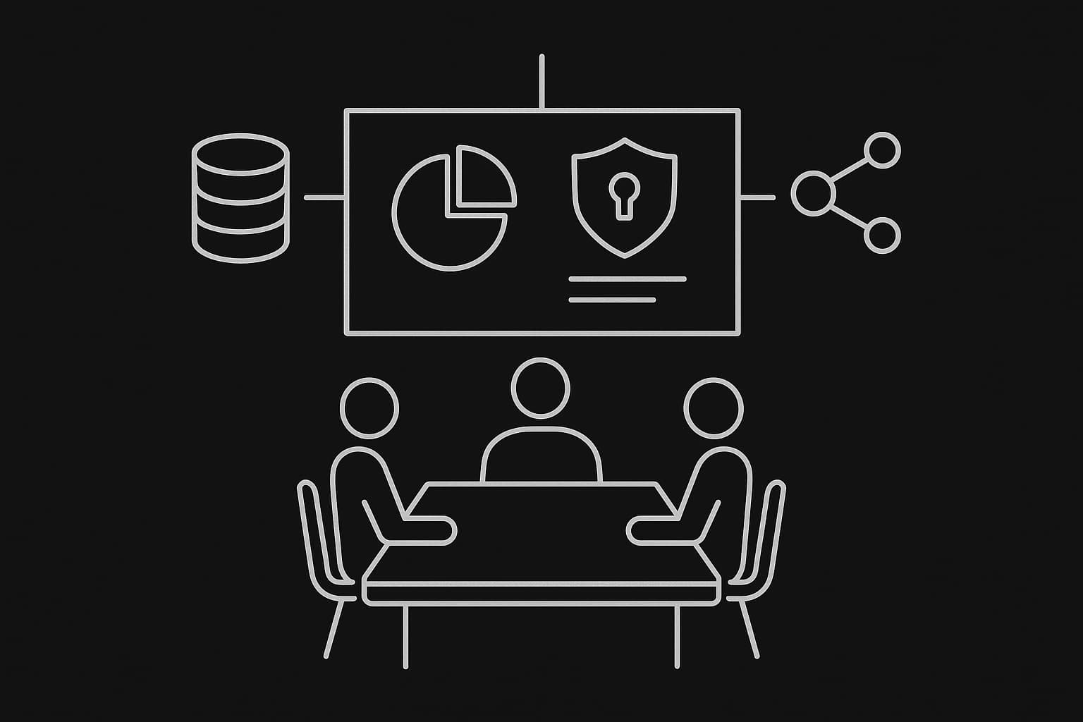 Conference table with stakeholder silhouettes and shared dashboard.