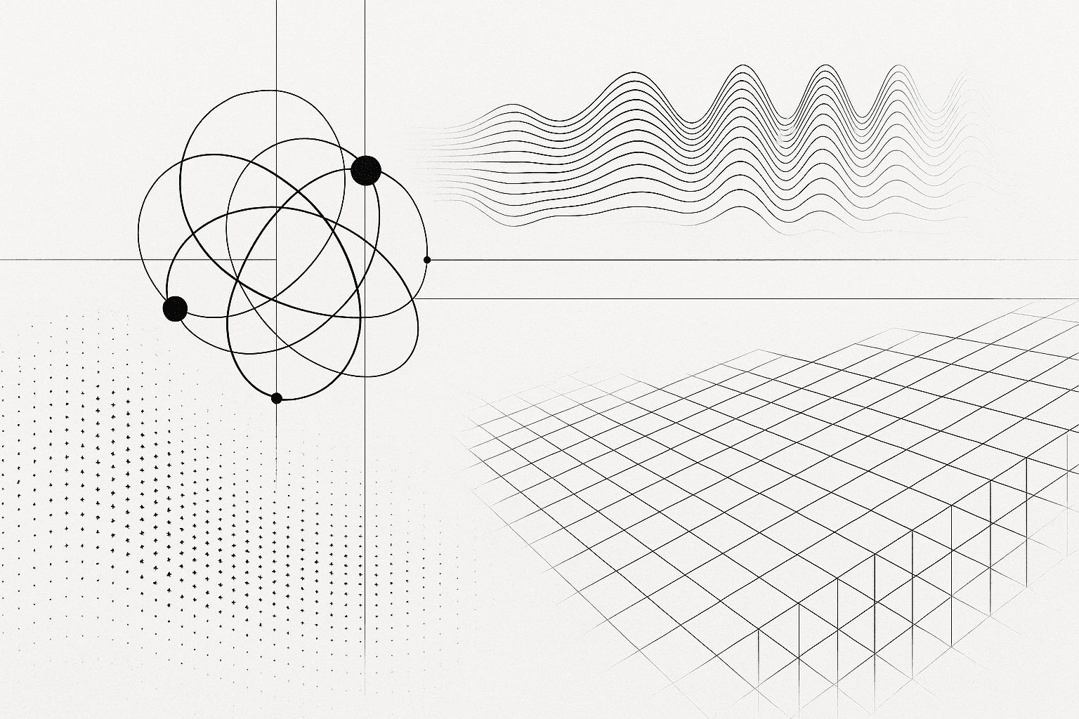 Black and white abstract technical artwork with entangled nodes, interference lines, and probability fields.